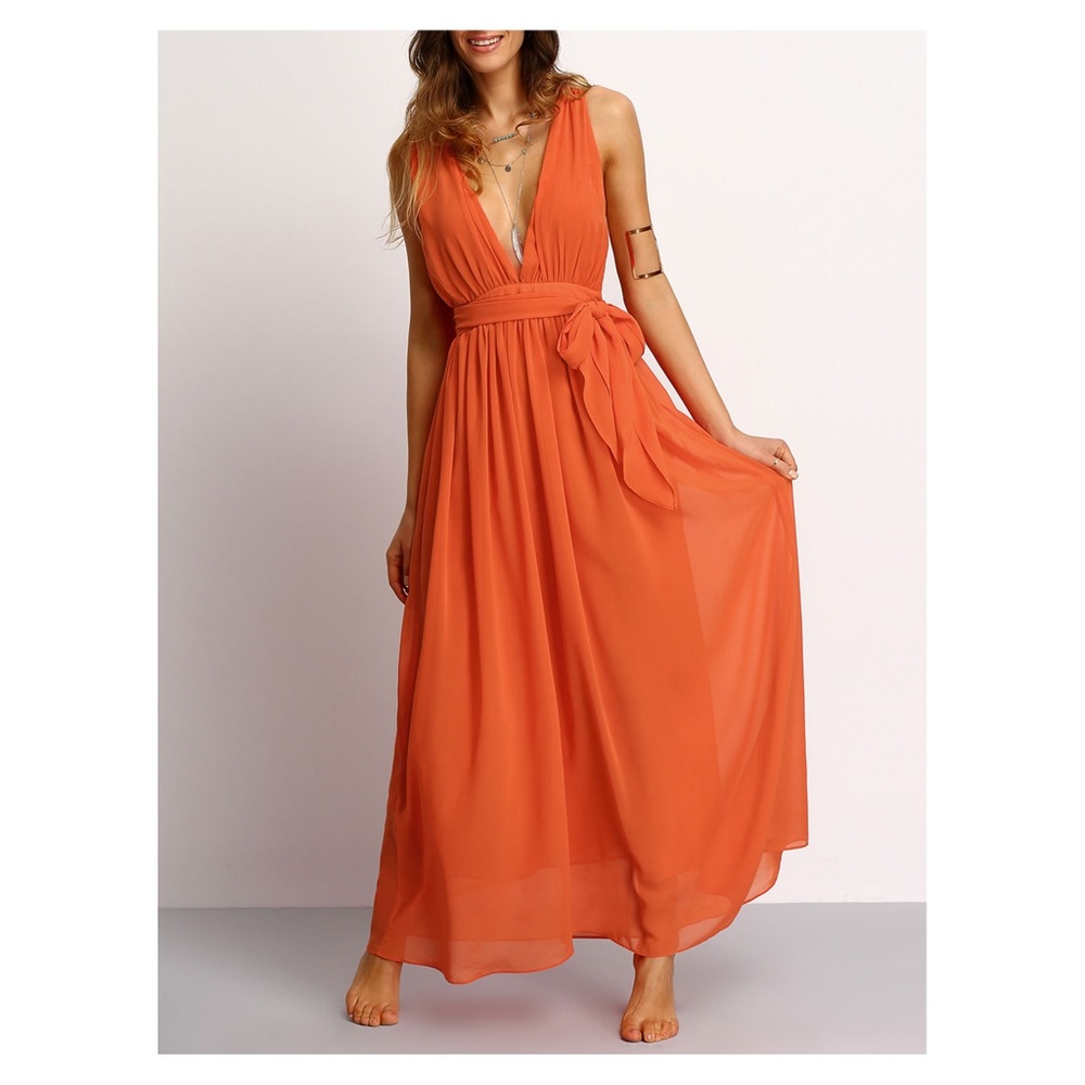 Orange Plunge V Neck Tie Waist Maxi Dress - Picture 5 of 5